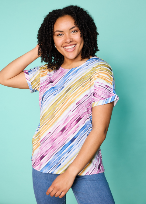 Explore our new arrivals! Featuring an embellished watercolor stripe tee.