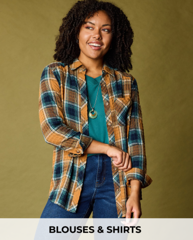 Explore our blouses and shirts! Featuring a  brown crinkle plaid shirt.