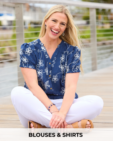 Explore our blouses & shirts! Featuring a blue embroidered blouse.