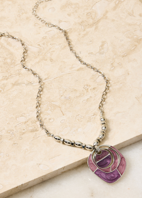 Explore our jewelry! Featuring a purple short pendant necklace.