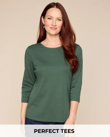 Explore our perfect tees! Featuring a green 3/4 sleeve tee.