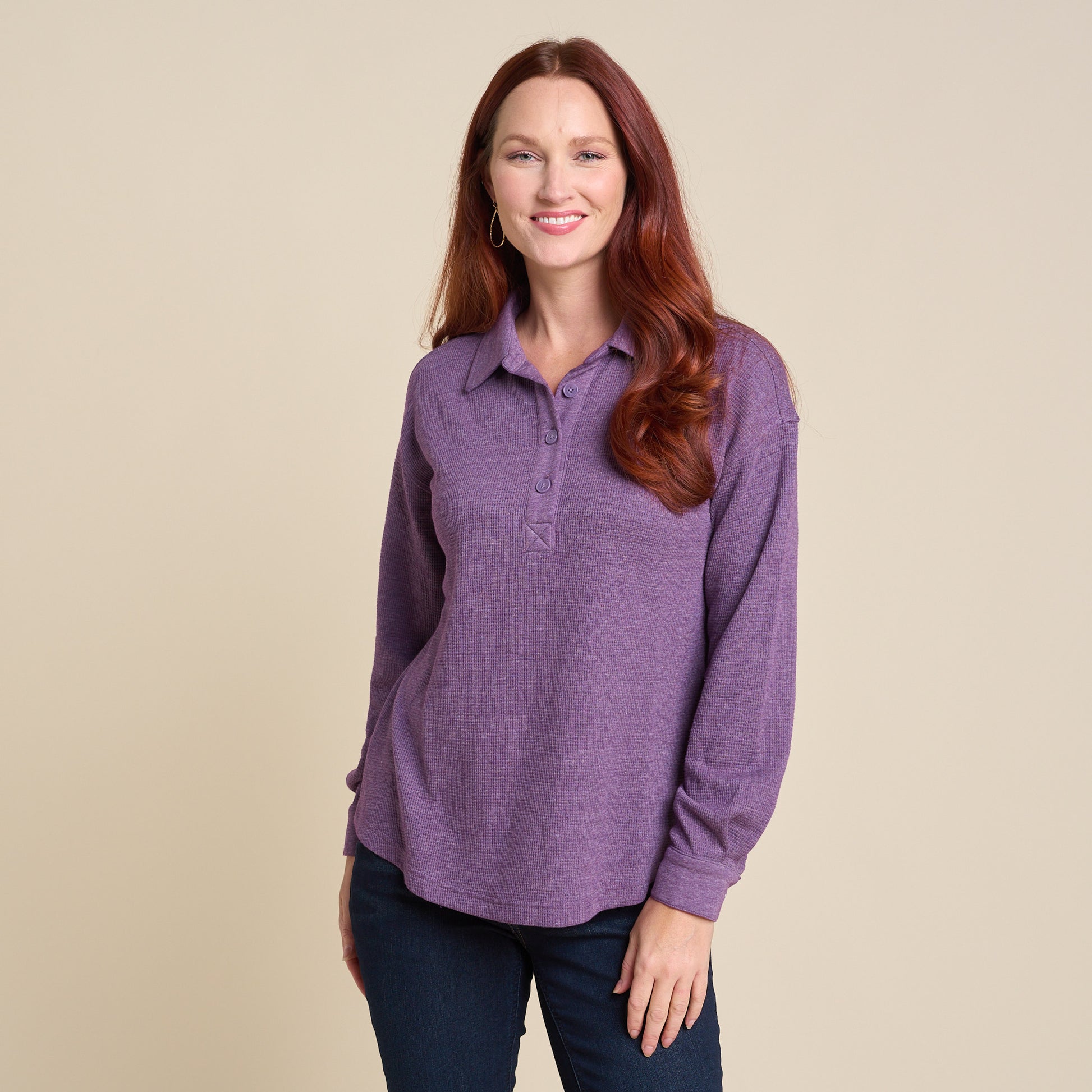 dress shirt pullover Thermal Collared Long Sleeve Pullover CROWN JEWEL / 3X