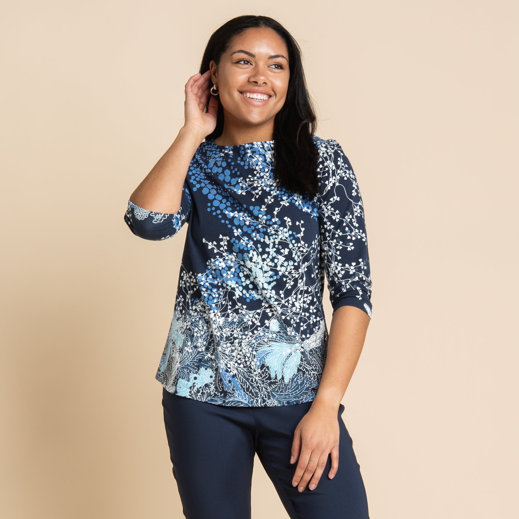 Embellished Swirl Print Boat Neck ¾ Sleeve Tee – Christopher & Banks