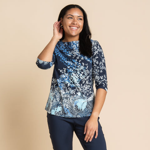Embellished Swirl Print Boat Neck ¾ Sleeve Tee – Christopher & Banks