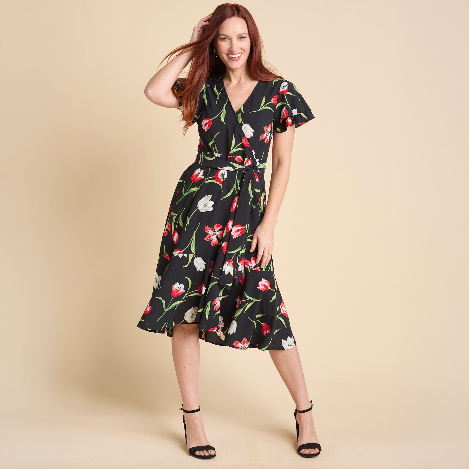 Tulip Printed Faux Wrap Ruffle Dress Black MULTI / 3X