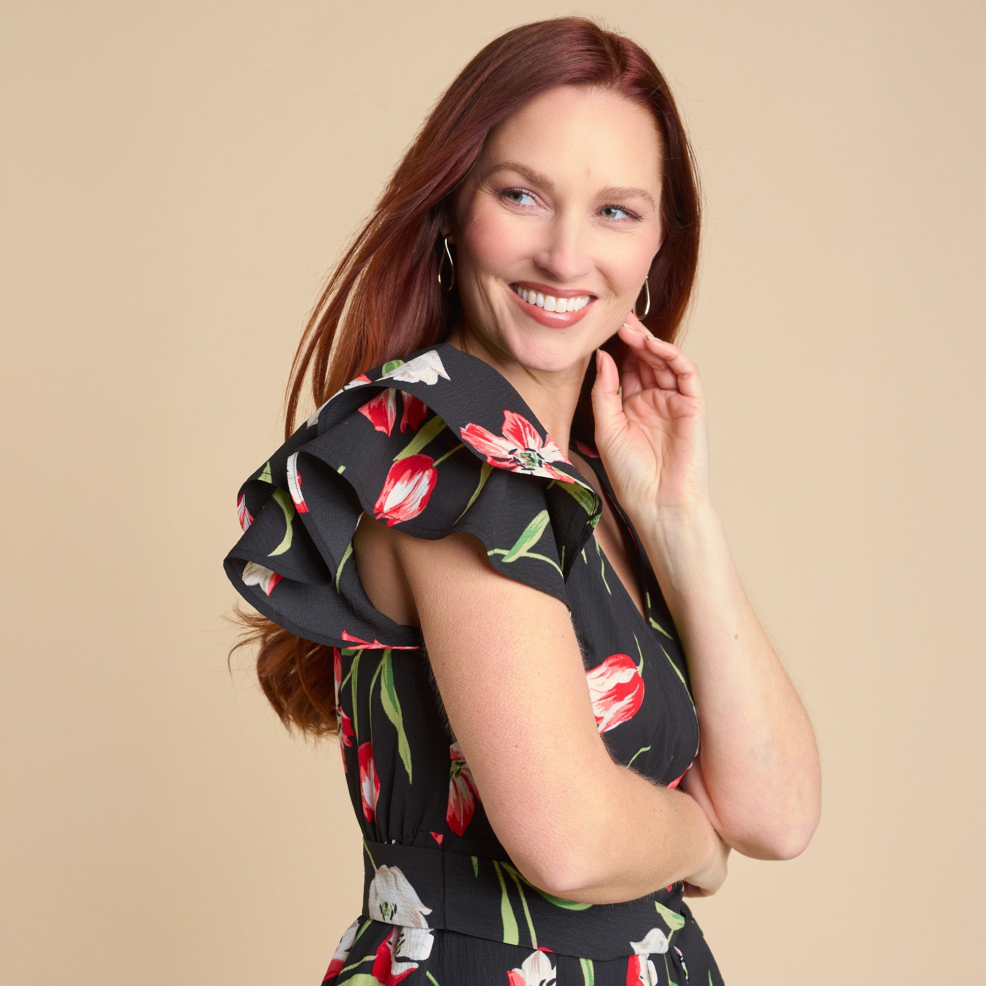 Tulip Printed Faux Wrap Ruffle Dress Black MULTI / 3X Tulip Printed Faux Wrap Ruffle Dress Black MULTI / 3X