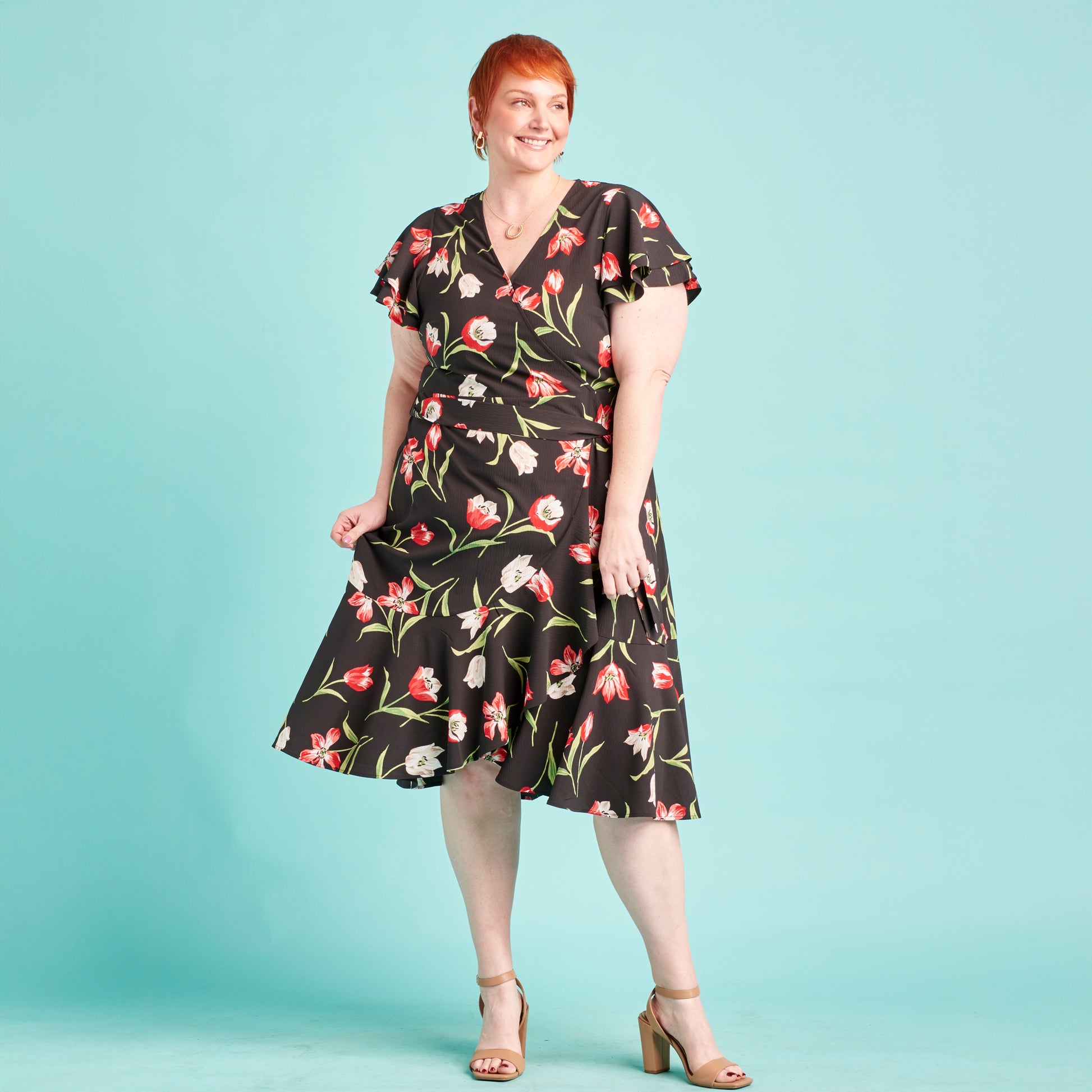 Tulip Printed Faux Wrap Ruffle Dress Black MULTI / 3X Tulip Printed Faux Wrap Ruffle Dress Black MULTI / 3X