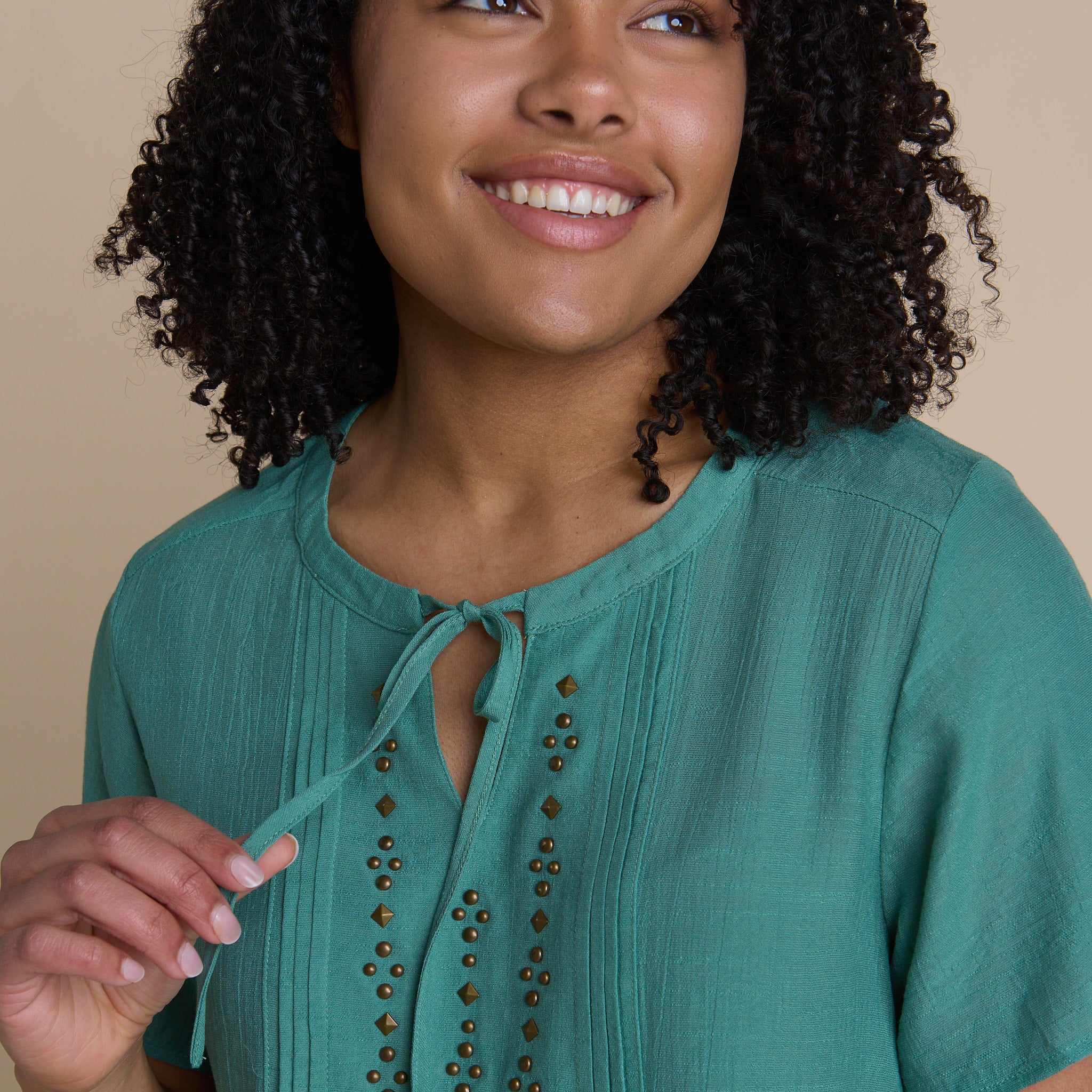 Studded Tie Neck Short Sleeve Blouse – Christopher & Banks