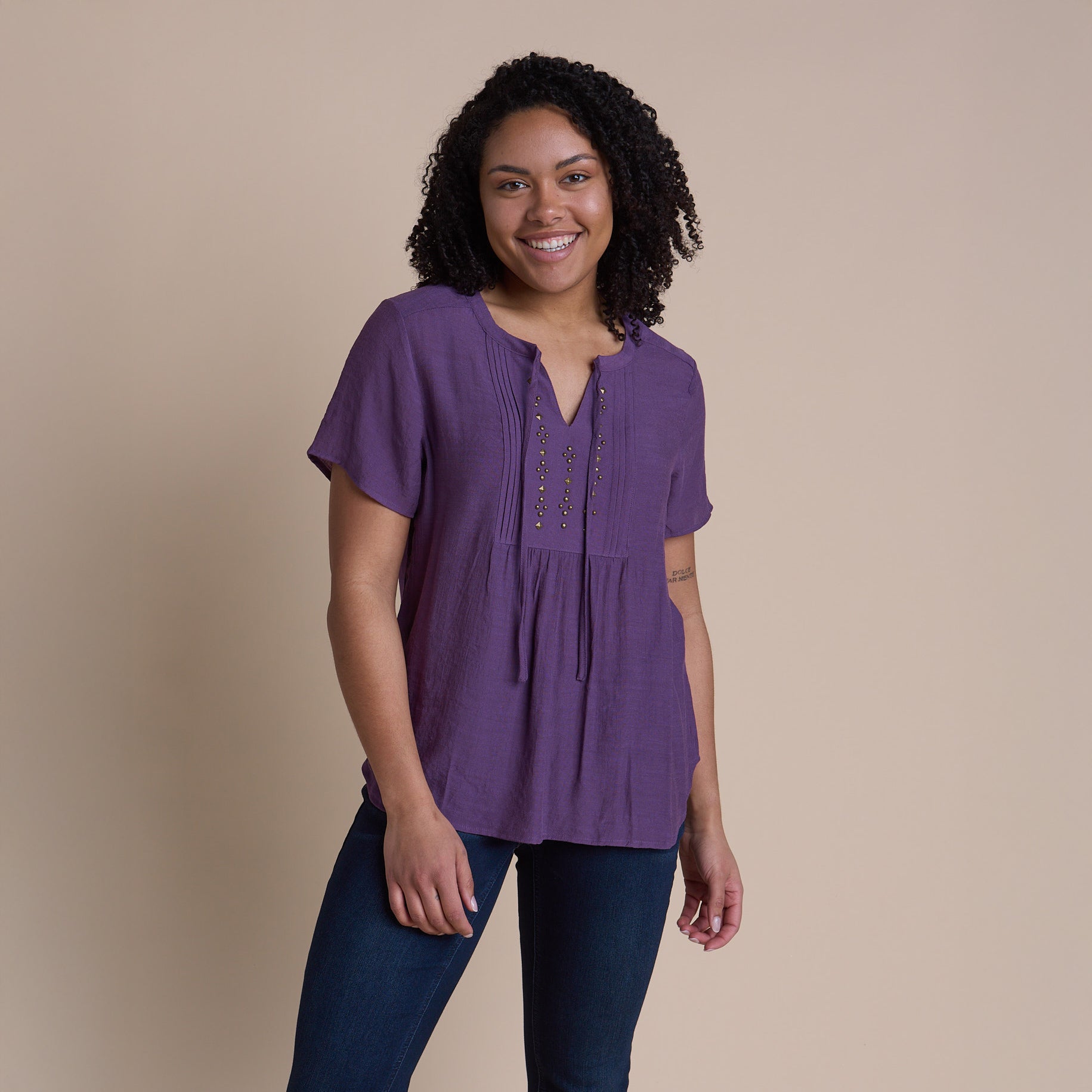 Studded Tie Neck Short Sleeve Blouse – Christopher & Banks
