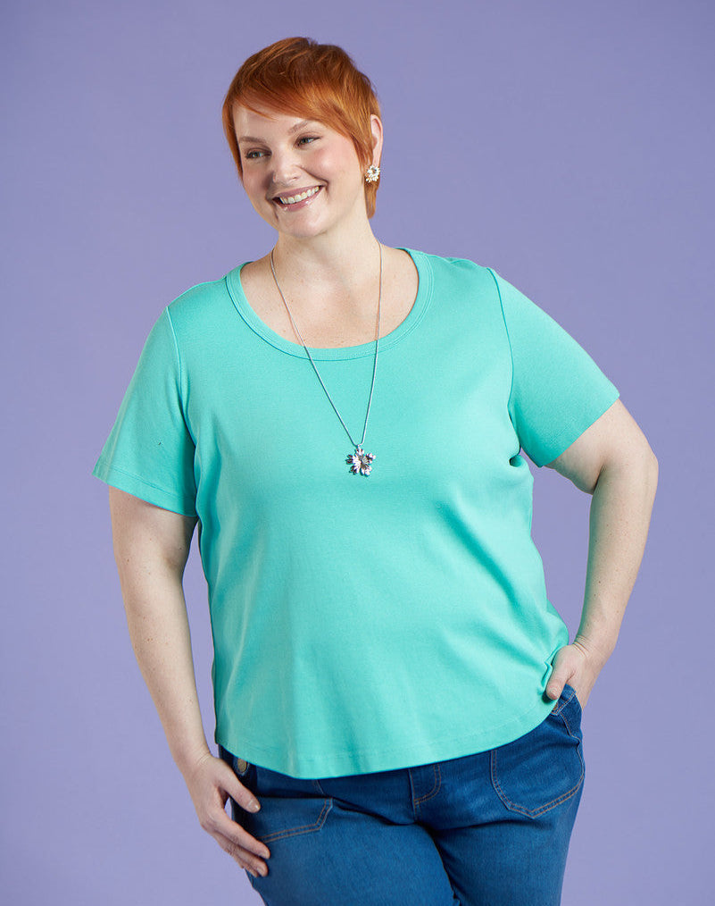 Explore our perfect tees! Featuring a blue short sleeve tee.