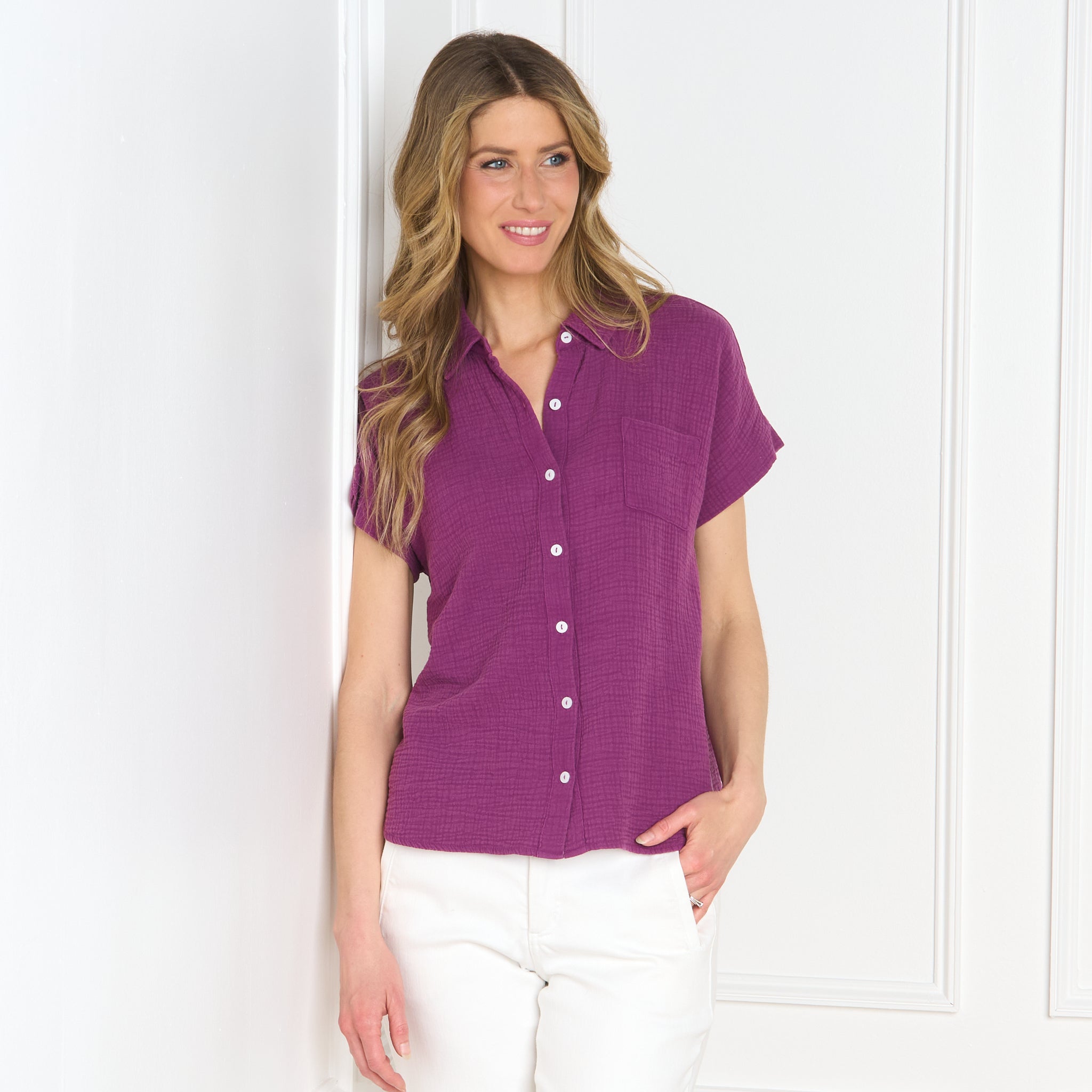 Gauze Button Front Short Sleeve Shirt – Christopher & Banks