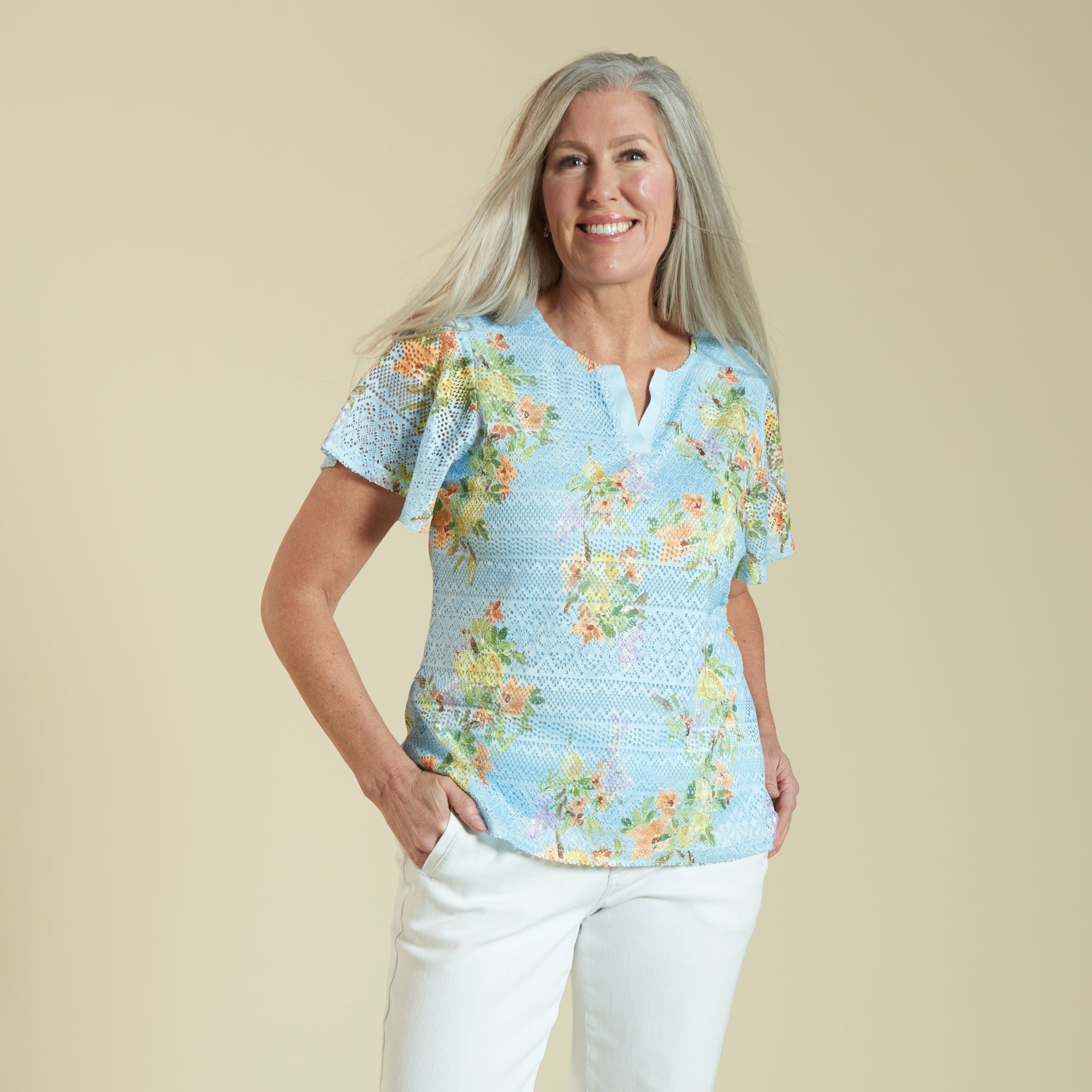 Lemon Branch Floral Print Notch Neck Lace Top – Christopher & Banks