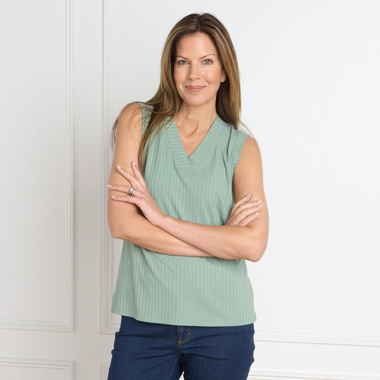 Rib Knit Crew Neck Sleeveless Top