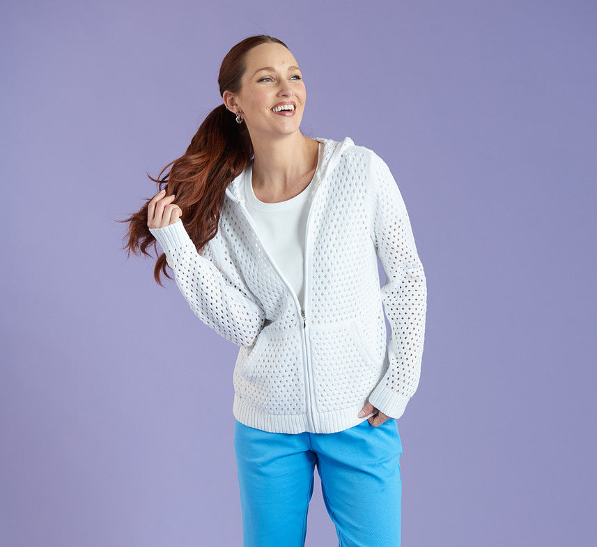 Explore our relaxed restyled collection! Featuring a white mesh stitch hoodie and blue split leg skimmer.