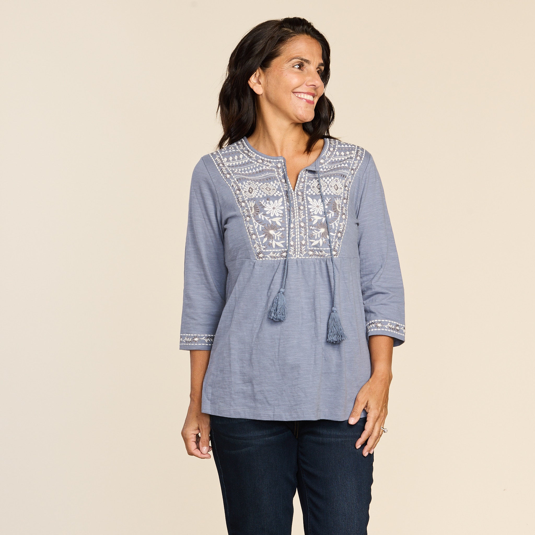 Embroidered Bib ¾ Sleeve Top – Christopher & Banks