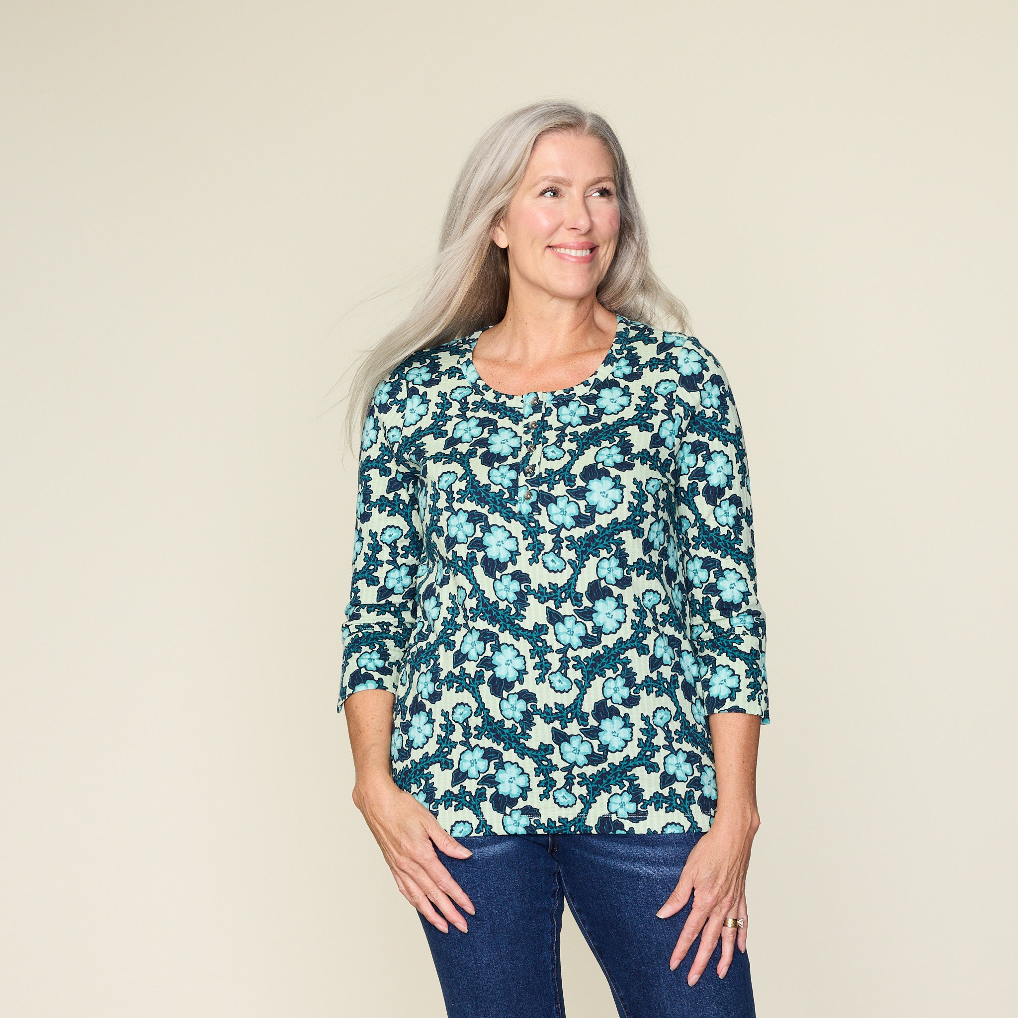 Floral Print Seersucker Henley Tee – Christopher & Banks