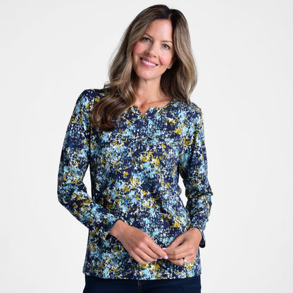 Abstract Print Notch Neck Long Sleeve Tee