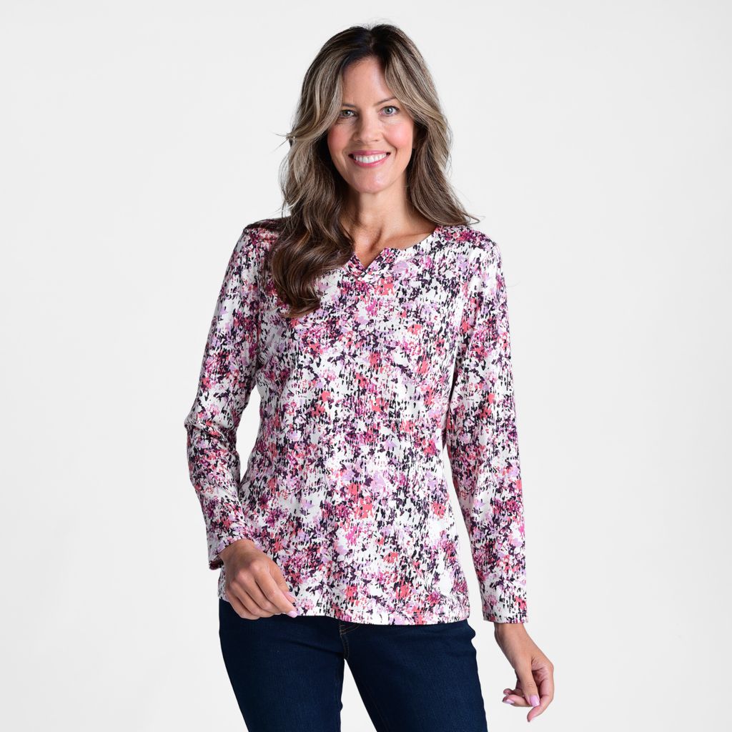 Abstract Print Notch Neck Long Sleeve Tee