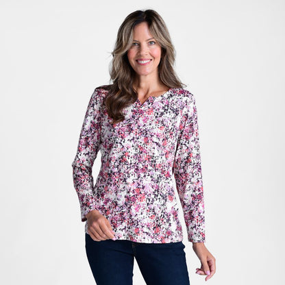 Abstract Print Notch Neck Long Sleeve Tee