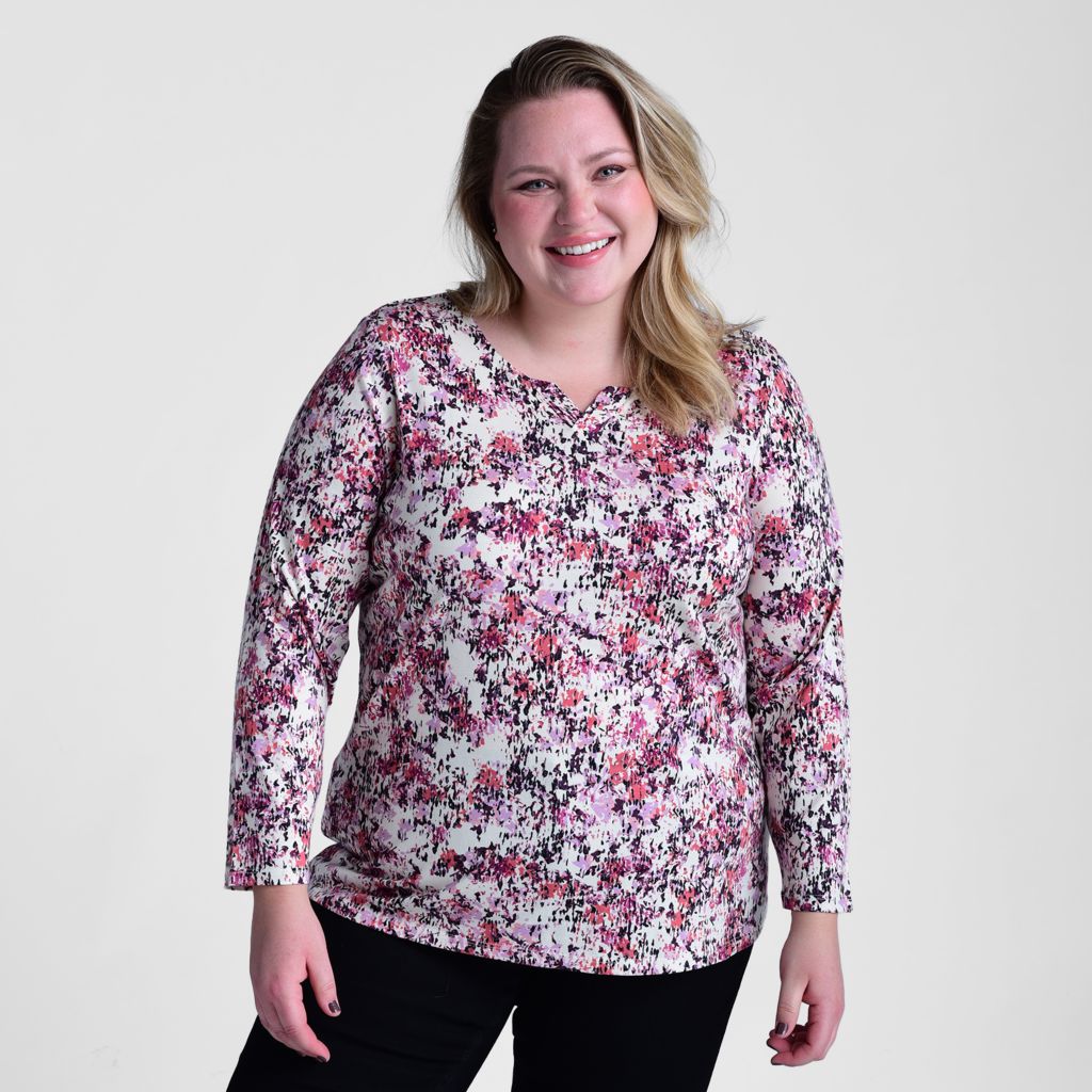 Abstract Print Notch Neck Long Sleeve Tee