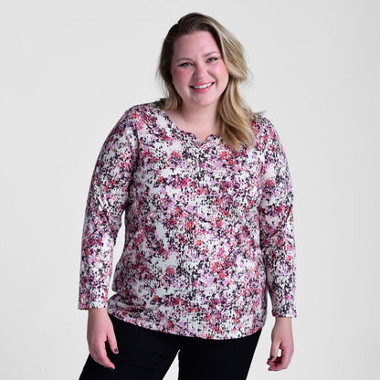 Abstract Print Notch Neck Long Sleeve Tee