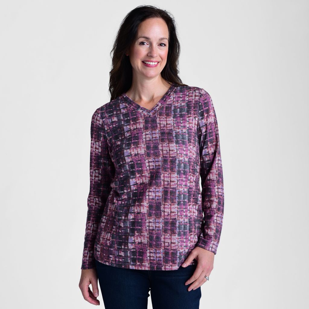 Plaid Print V Neck Long Sleeve Top