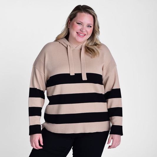 Stripe Ribbed Detail Hooded Sweater
