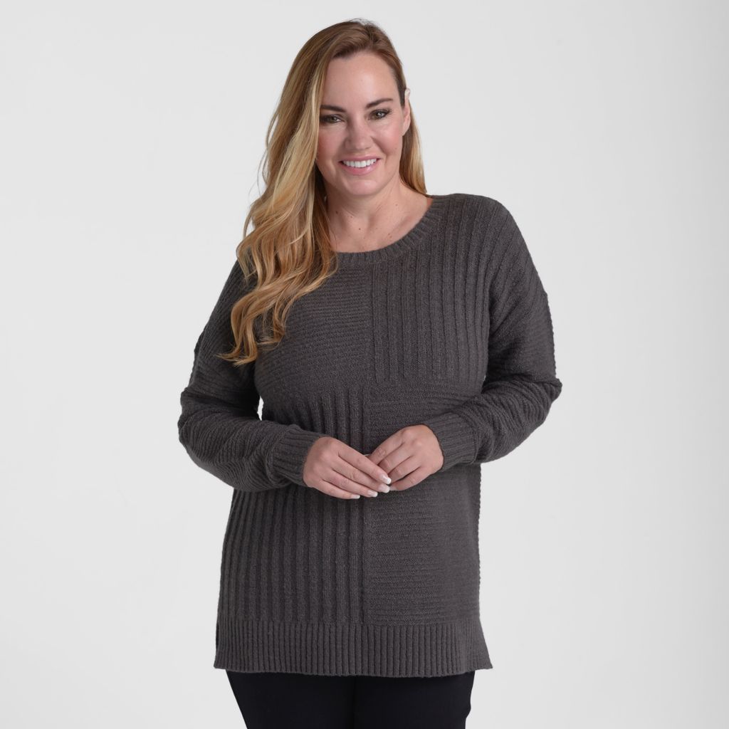 Blocked Rib Side Slit Tunic Sweater