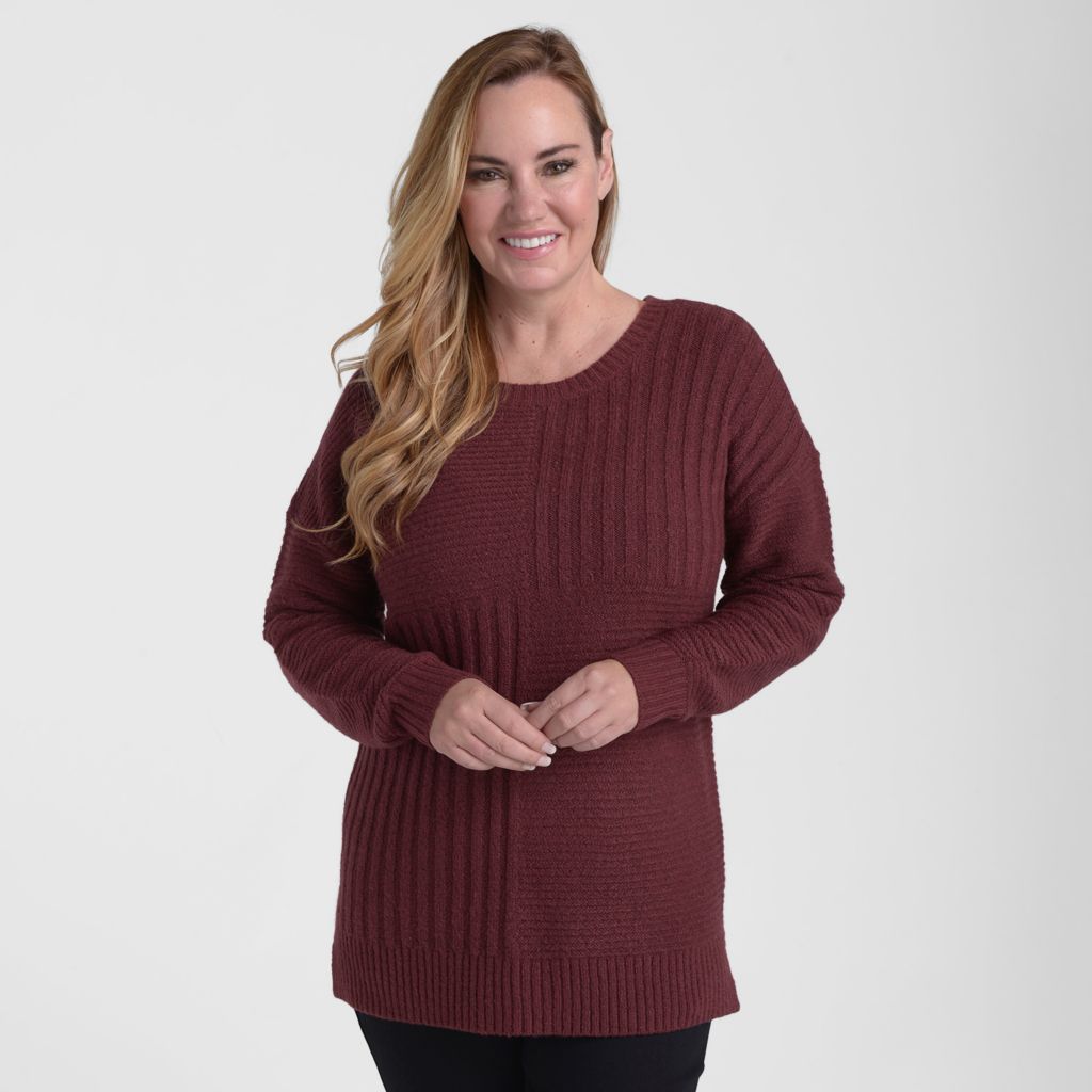 Blocked Rib Side Slit Tunic Sweater