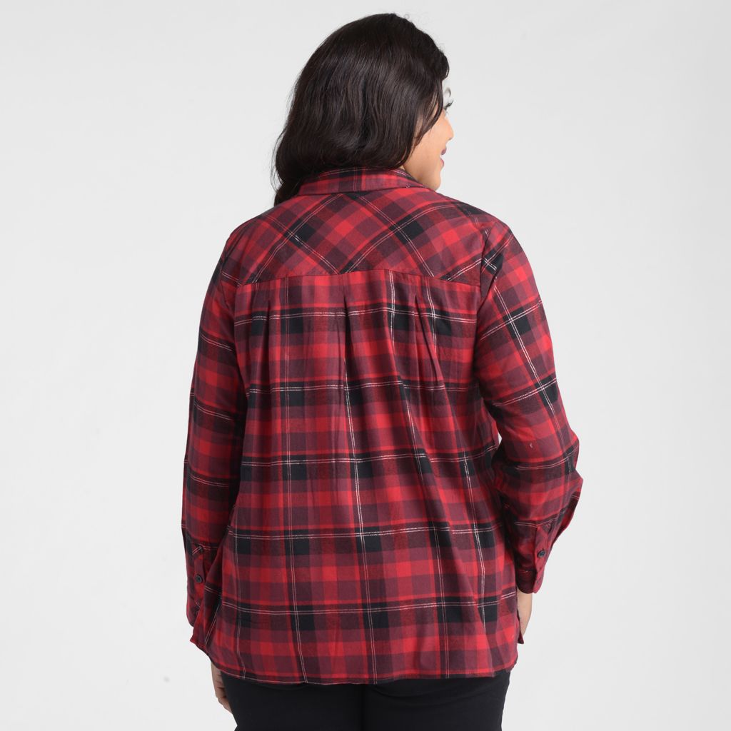 Pleat Back Plaid Button Up