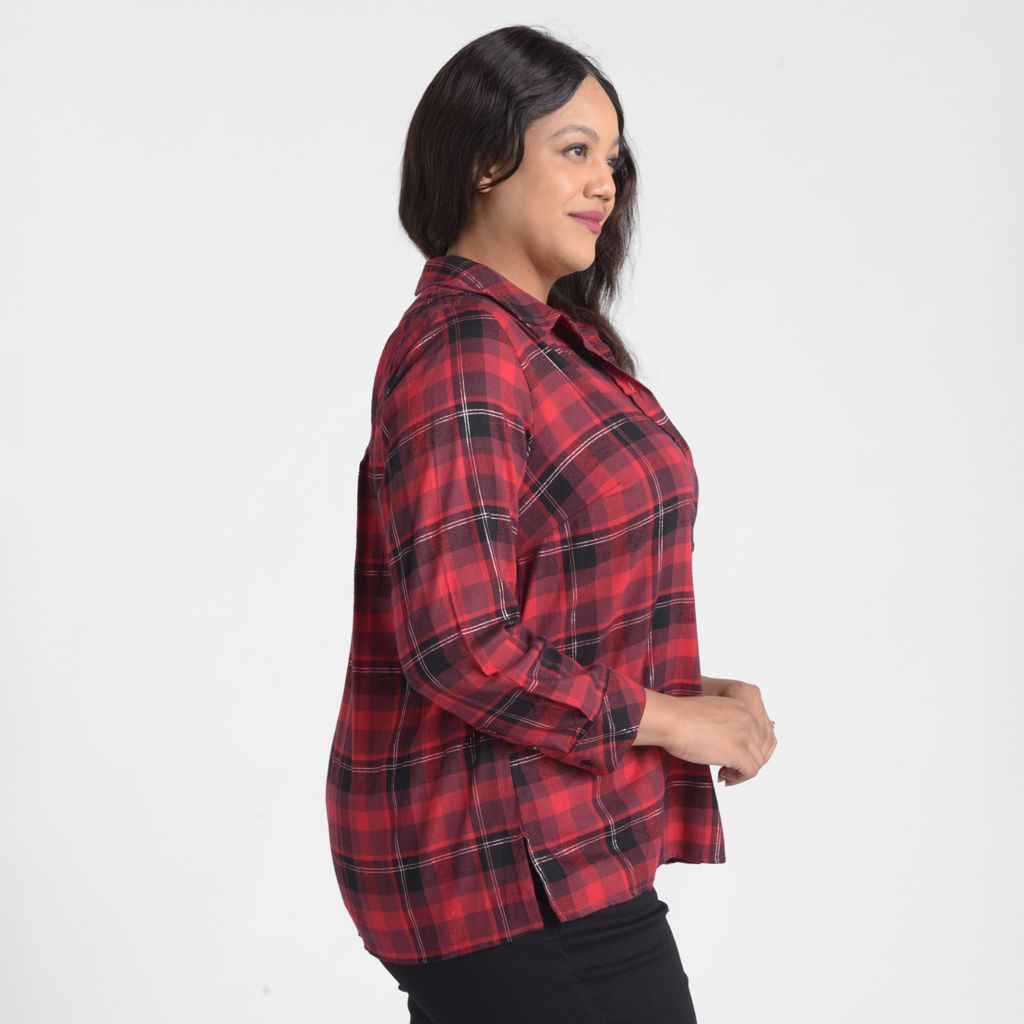 Pleat Back Plaid Button Up