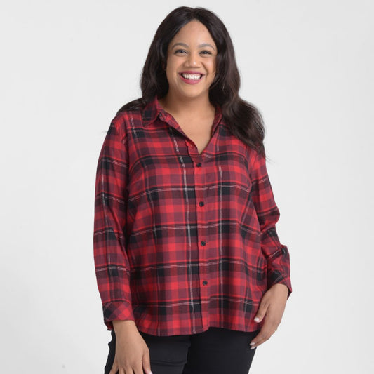 Pleat Back Plaid Button Up