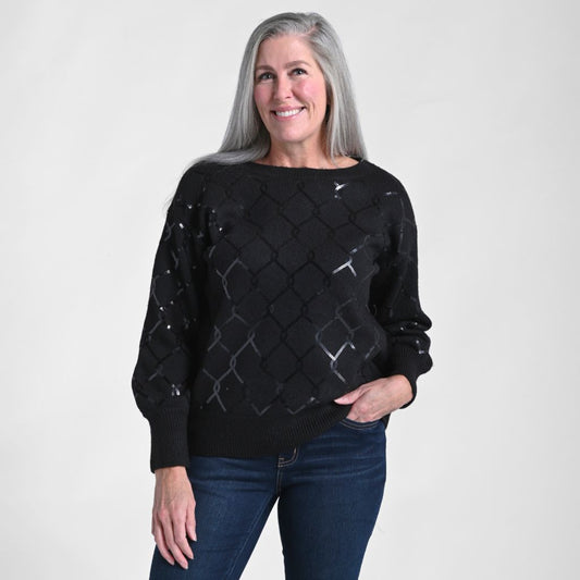 Allover Sequin Patterned Boatneck Sweater