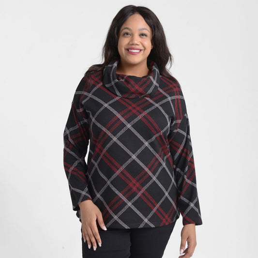 Bias Plaid Cowl Neck Top
