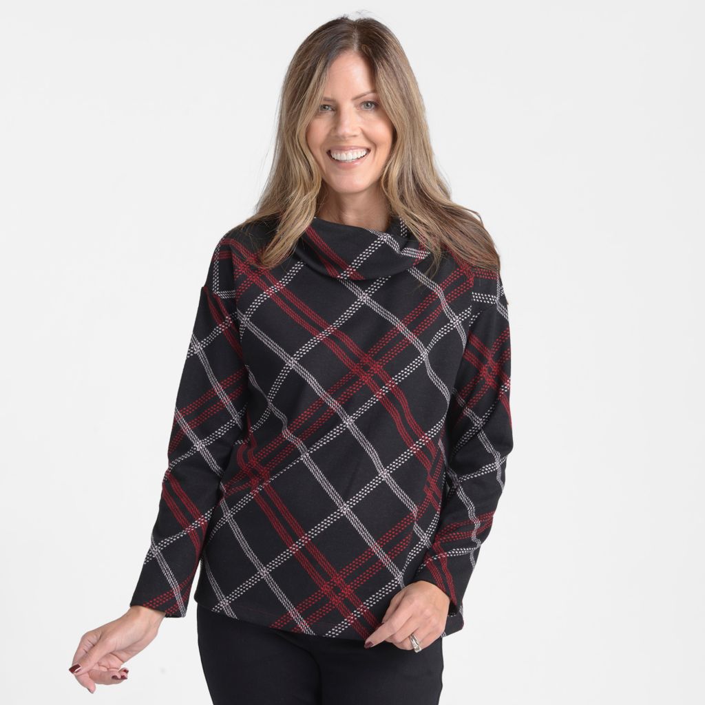 Bias Plaid Cowl Neck Top