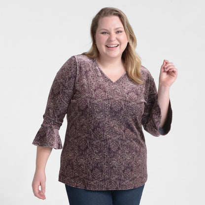Medallion Print Velour Knit Bell Sleeve Top