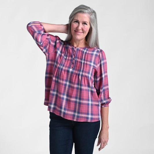 3/4 Sleeve Pleated Front Plaid Blouse