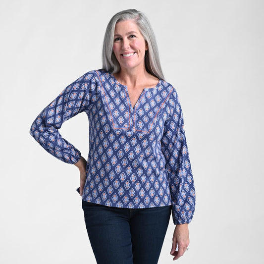 Medallion Print Embroidered Split Neck Top
