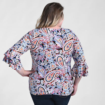 Printed Double Ruffle Sleeve Top
