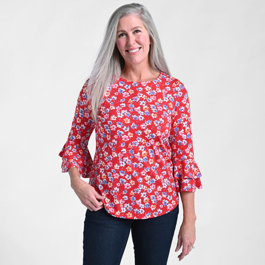 Printed Double Ruffle Sleeve Top