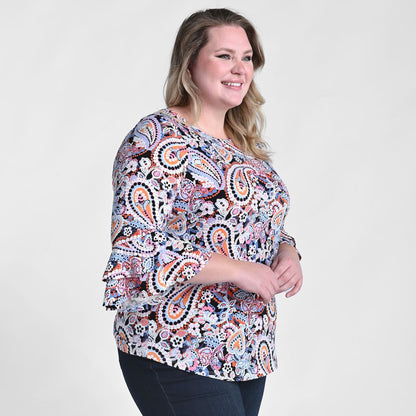 Printed Double Ruffle Sleeve Top