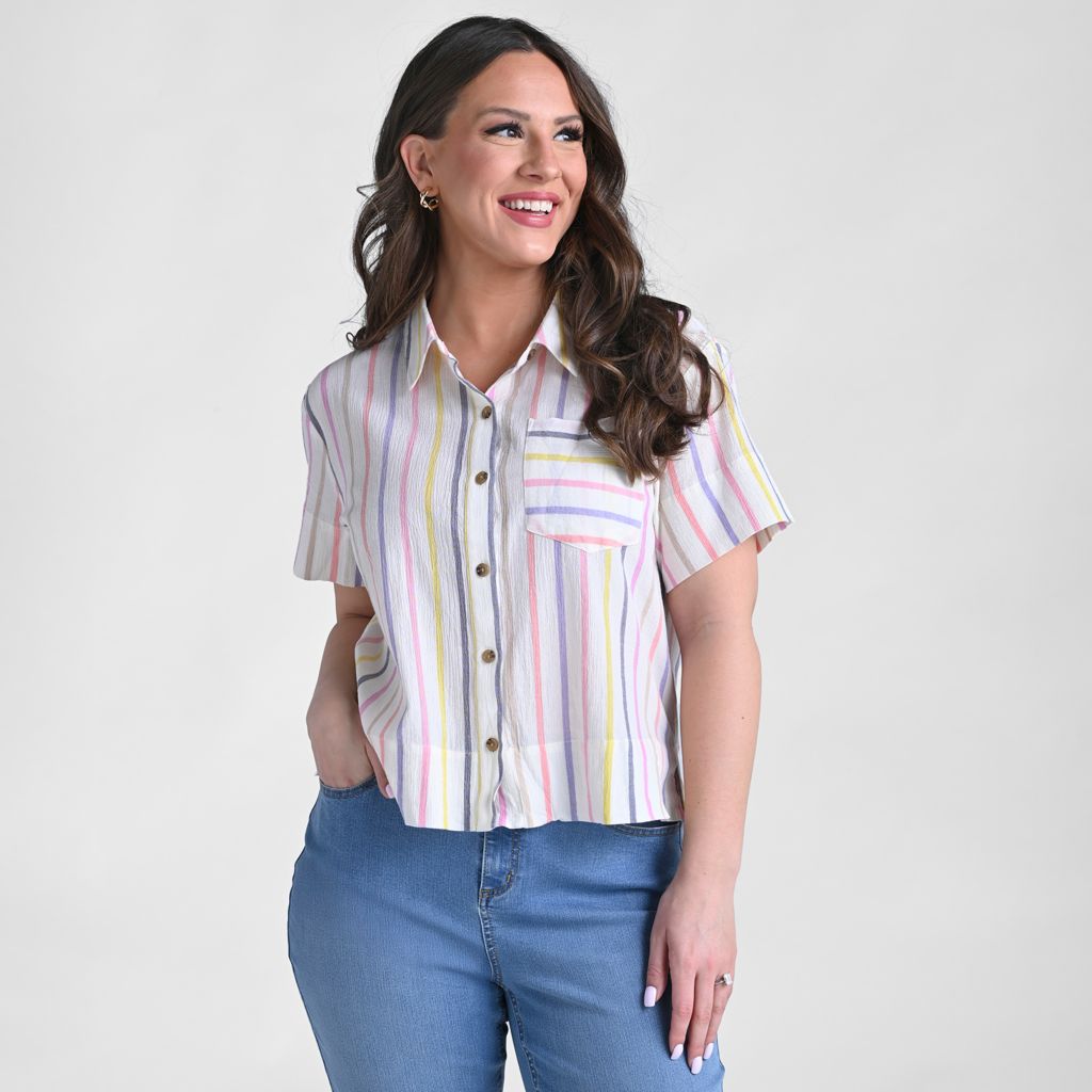 Colorful Stripe Button Front Short Sleeve Shirt