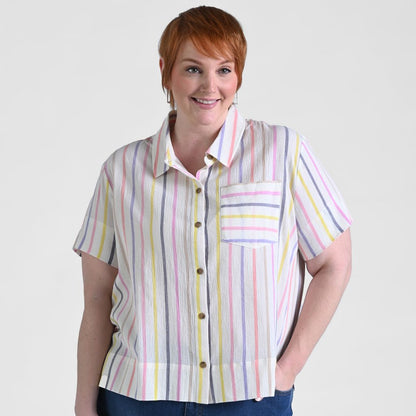 Colorful Stripe Button Front Short Sleeve Shirt