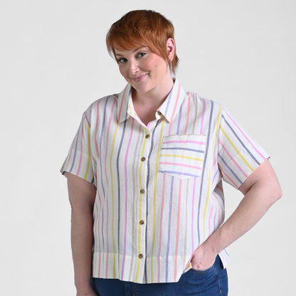Colorful Stripe Button Front Short Sleeve Shirt