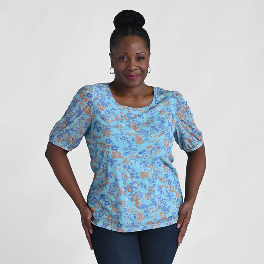 Floral Print Puff Sleeve Mesh Top