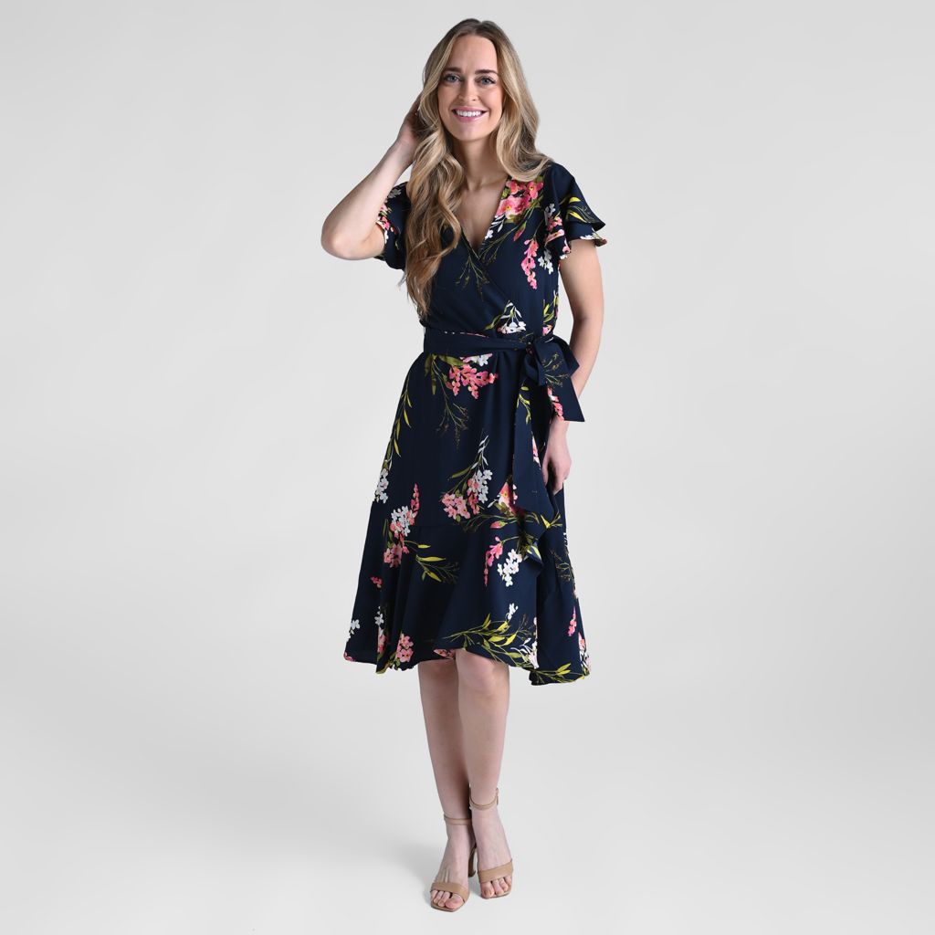 Printed Faux Wrap Ruffle Hem Dress