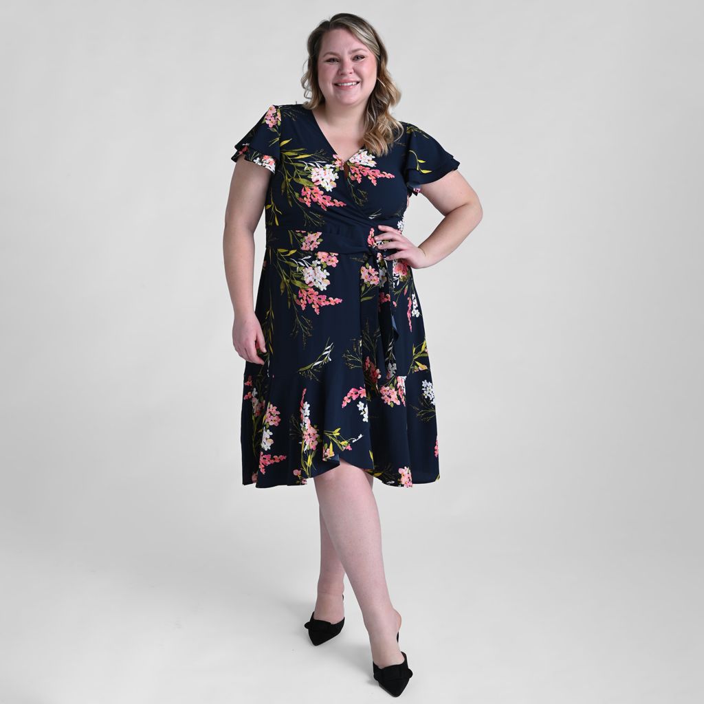 Printed Faux Wrap Ruffle Hem Dress