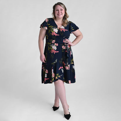 Printed Faux Wrap Ruffle Hem Dress