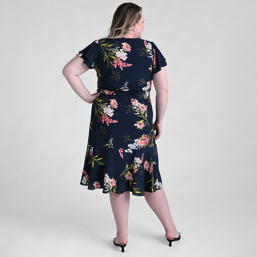 Printed Faux Wrap Ruffle Hem Dress