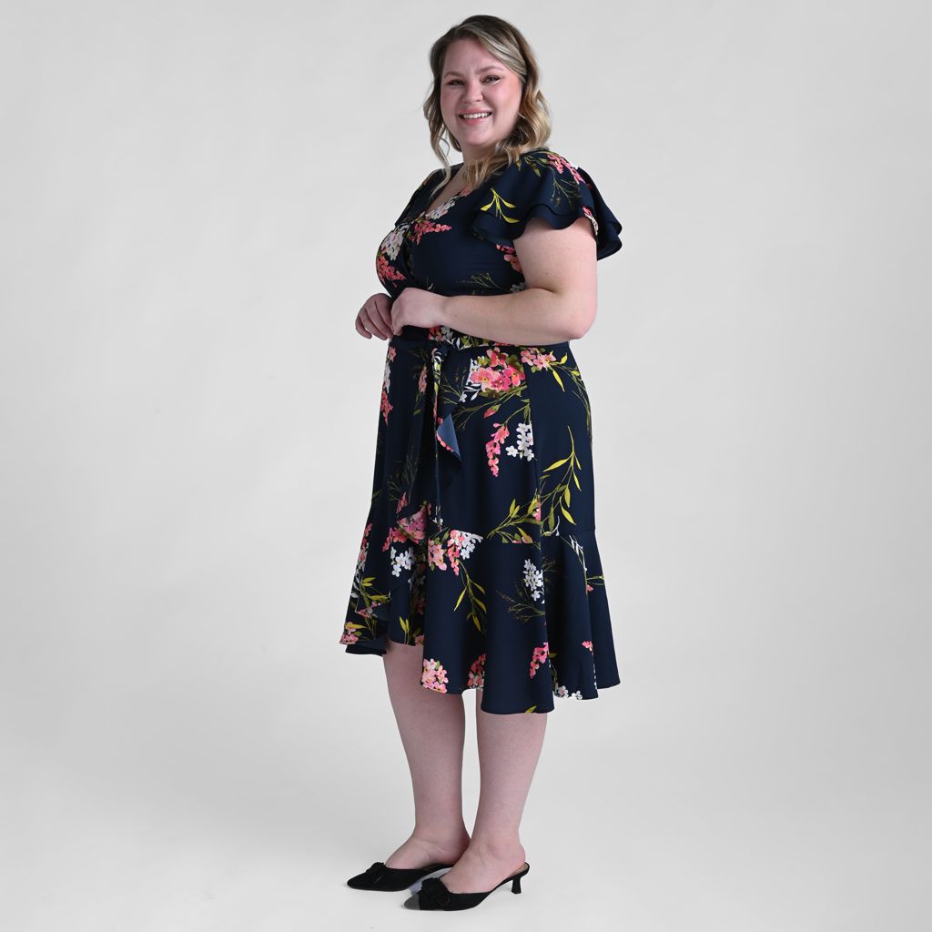 Printed Faux Wrap Ruffle Hem Dress